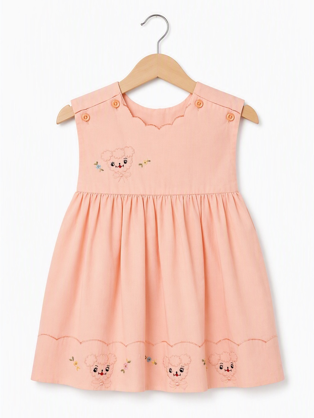 Vintage 50s 60s Pink Lamb Pinafore Dress Embroidered Scalloped Mid Century Sz